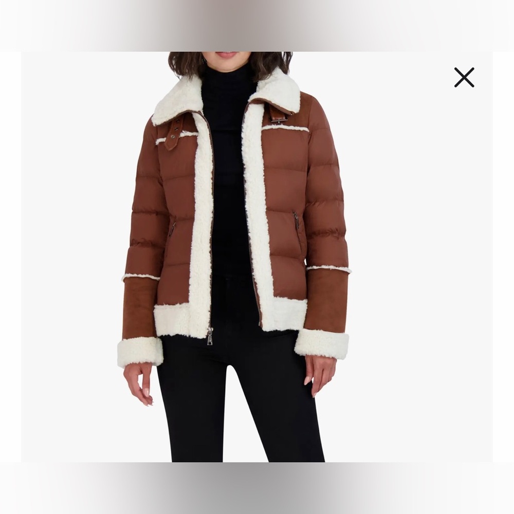 Tahari Selena Faux Shearling Trim Mixed Media Jacket